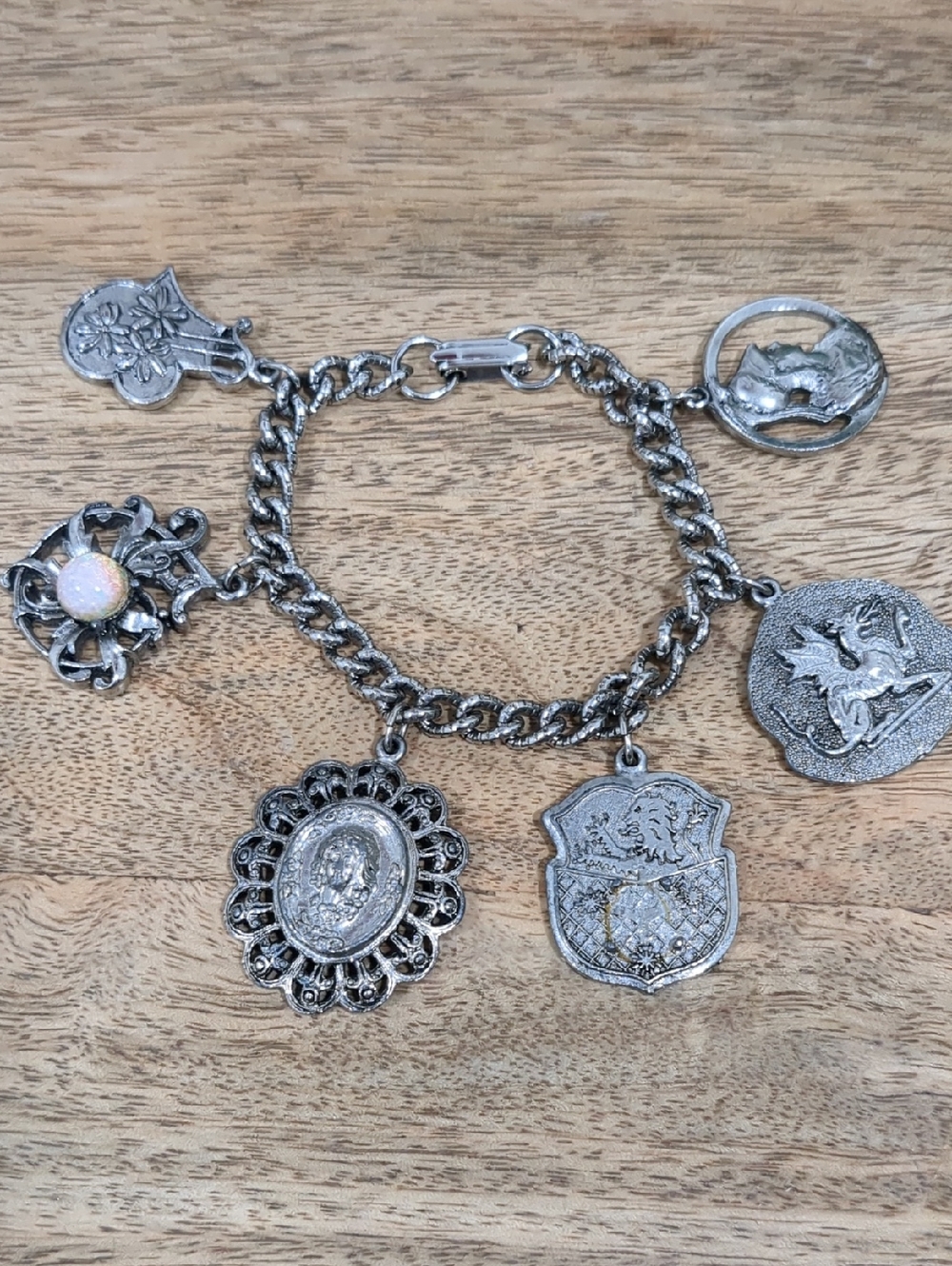 VINTAGE Silver-tone Royalty Charm Bracelet with Mixed Medallion Charms - Silver